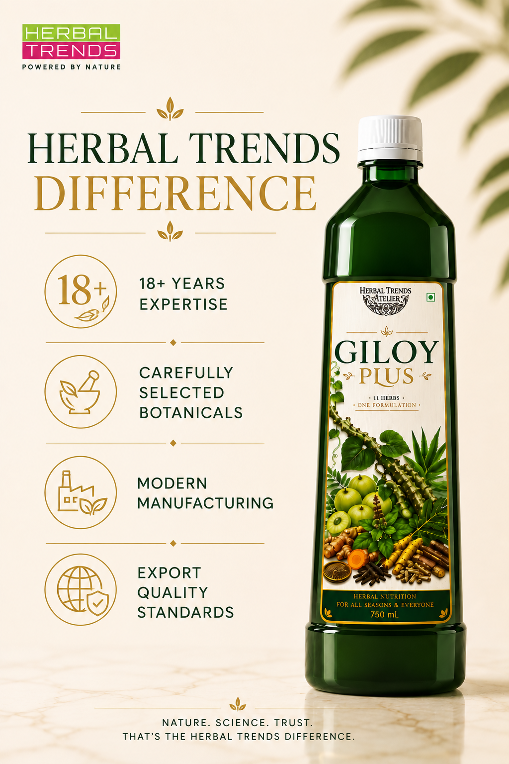 Giloy Plus- Natural Immunity Booster Juice- Enriched with Aloevera,Tulsi, Amla, Amba Haldi, Daru Haldi, Pipli & Kutki - 750ml