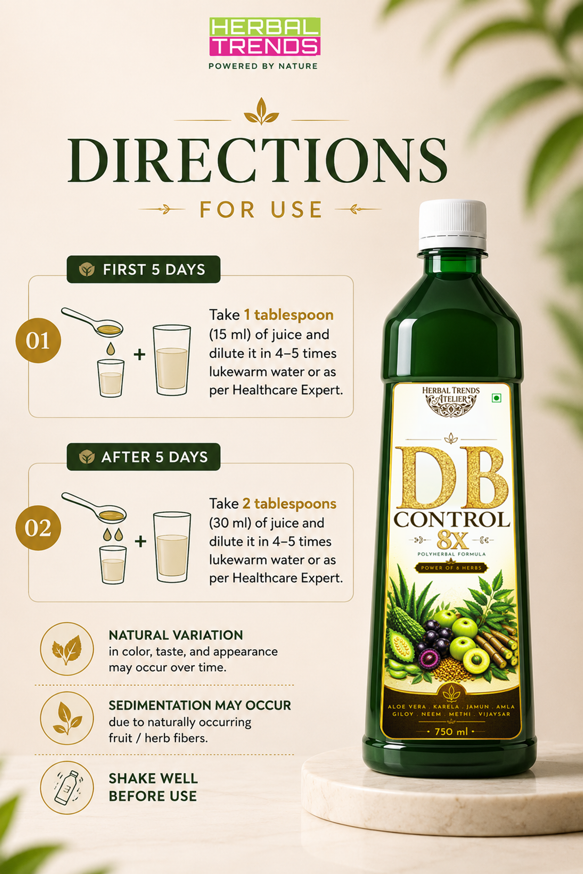 DB Control 8x Juice- Healthy Blood Sugar Balance- Power of 8 Rejuvenating Herbs- 750ml