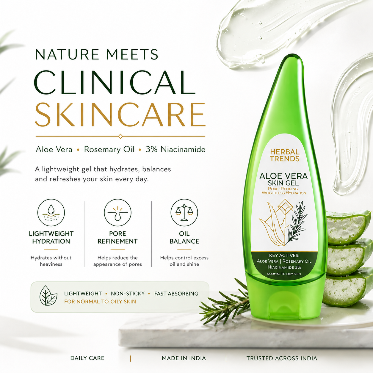 Aloe Vera Skin Gel with Rosemary and Niacinamide 3% | For Normal to Oily Skin