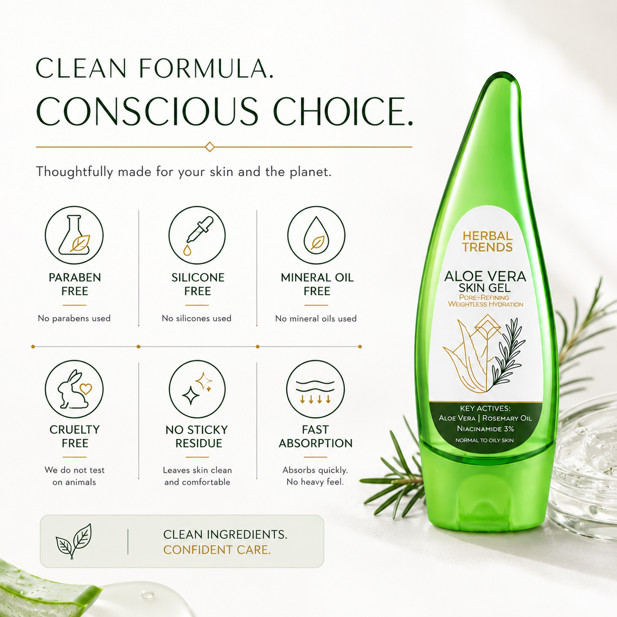 Aloe Vera Skin Gel with Rosemary and Niacinamide 3% | For Normal to Oily Skin
