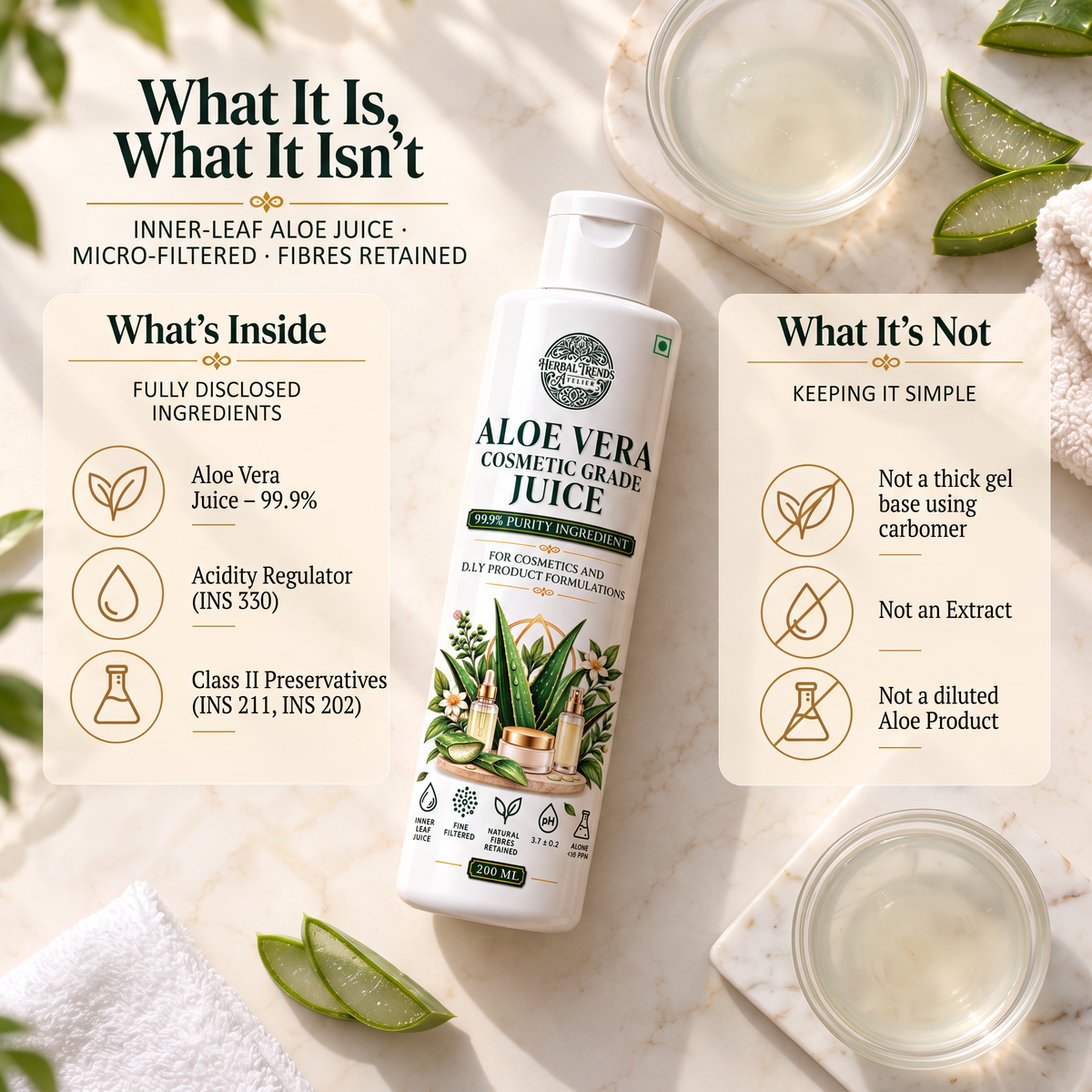 Aloe Vera Cosmetic Grade Juice (200 ml Pack and Bulk Pack)