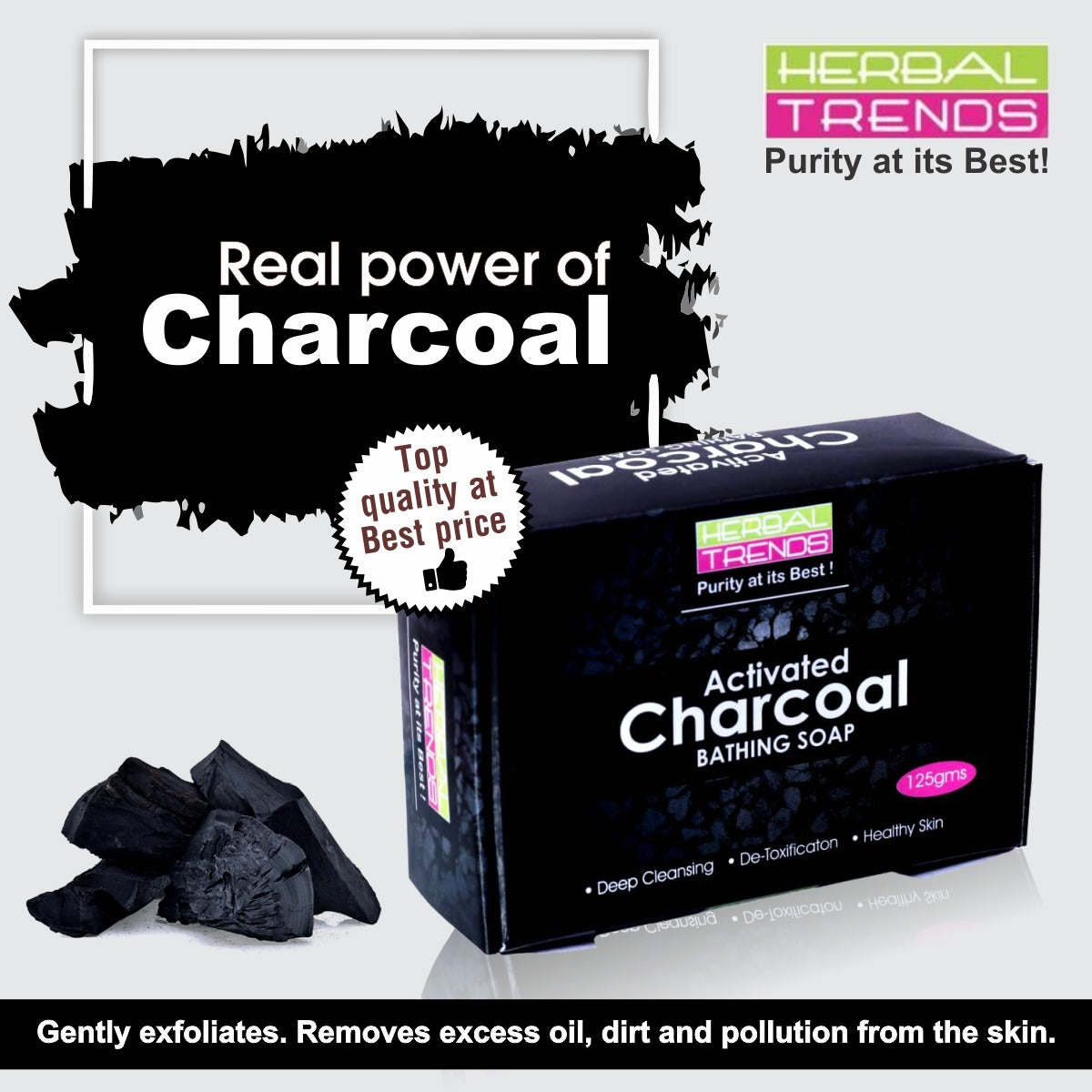 Herbal Trends Activated Charcoal Bathing Soap-125 g- Removes excess oil, Dirt and Pollution from the Skin